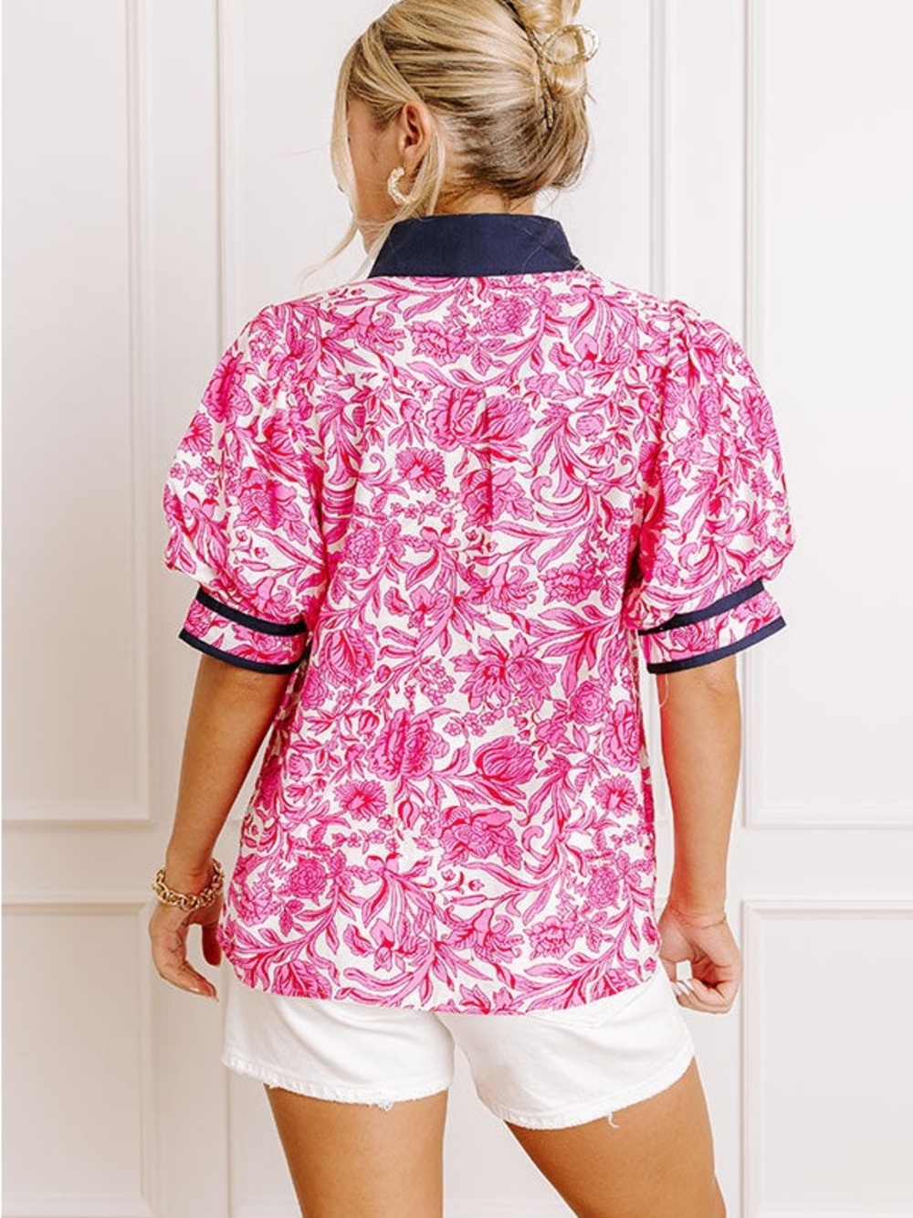 entro Pink Floral V-Neck Puff Sleeve Top with Navy Trim - Picture 2 of 2
